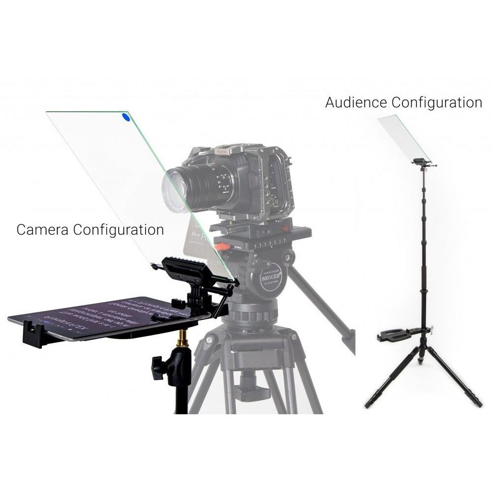Teleprompter FLEX shown on the left in camera configuration, setup in front of a camera configuration, and on the right, in audience and stage configuration, on a stand.