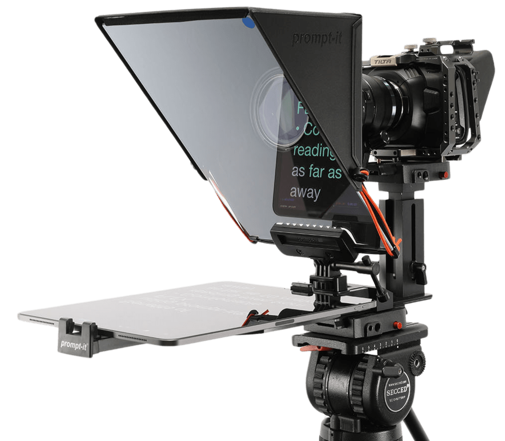 Prompt-it FLEX Teleprompter & autocue mounted on the Prompt-it rig kit.